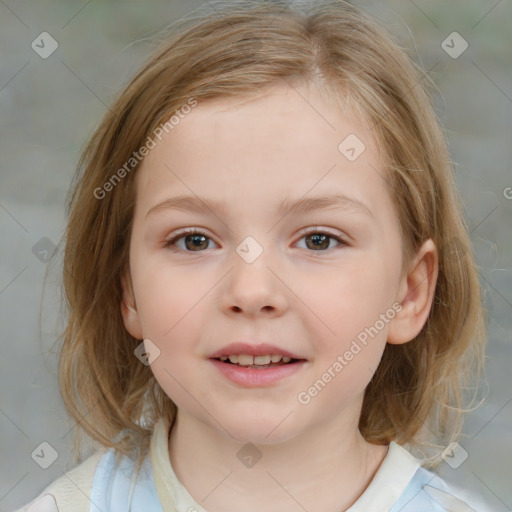 Neutral white child female with medium  brown hair and blue eyes