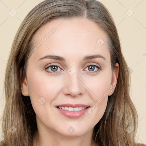 Joyful white young-adult female with long  brown hair and grey eyes