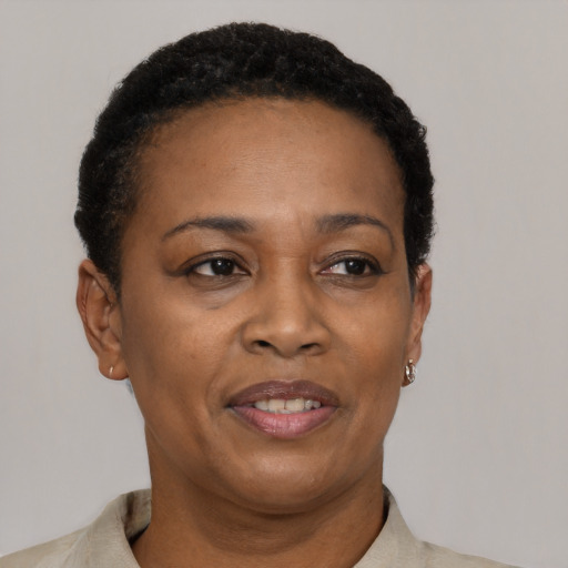 Neutral black adult female with short  brown hair and brown eyes