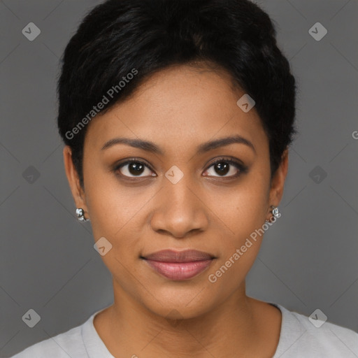 Joyful latino young-adult female with short  black hair and brown eyes