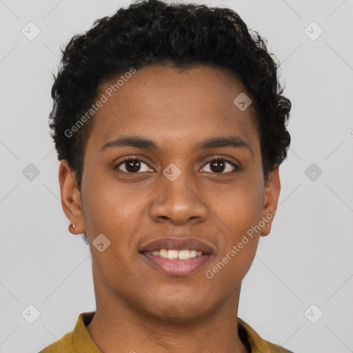 Joyful black young-adult male with short  brown hair and brown eyes