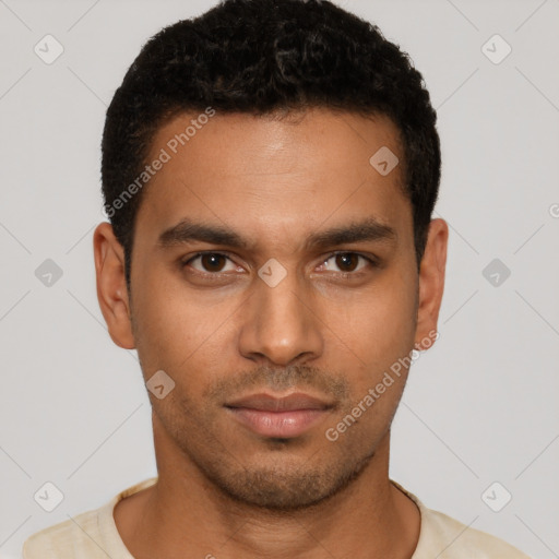Neutral latino young-adult male with short  brown hair and brown eyes