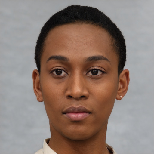 Neutral black young-adult female with short  black hair and brown eyes