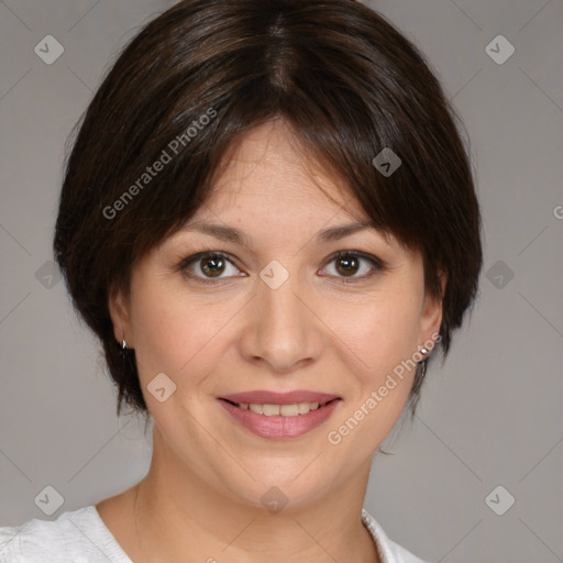 Joyful white young-adult female with medium  brown hair and brown eyes