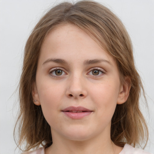 Neutral white young-adult female with medium  brown hair and grey eyes