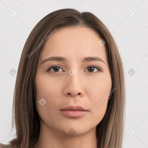 Neutral white young-adult female with long  brown hair and brown eyes