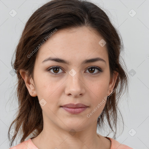 Neutral white young-adult female with medium  brown hair and brown eyes