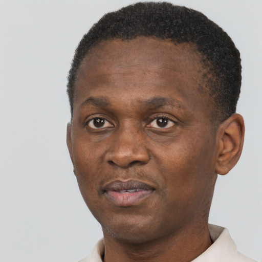 Neutral black adult male with short  black hair and brown eyes