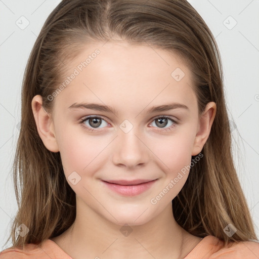 Joyful white child female with long  brown hair and brown eyes