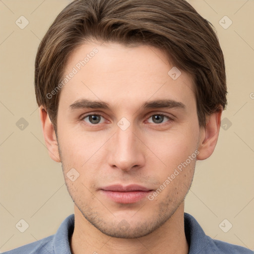 Neutral white young-adult male with short  brown hair and brown eyes