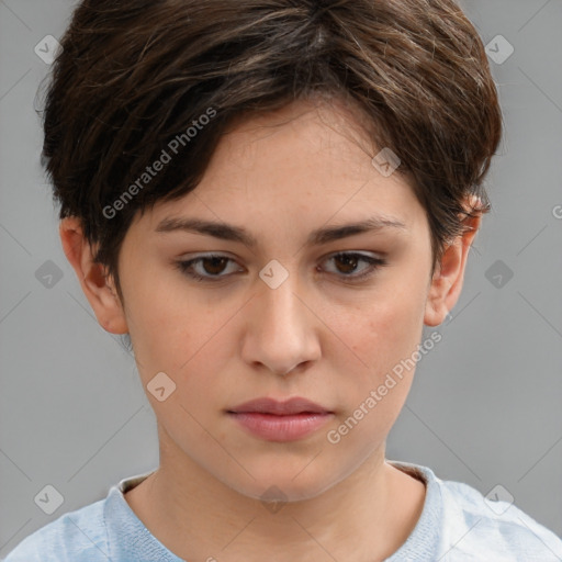 Neutral white young-adult female with short  brown hair and brown eyes