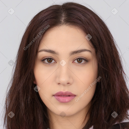 Neutral white young-adult female with long  brown hair and brown eyes