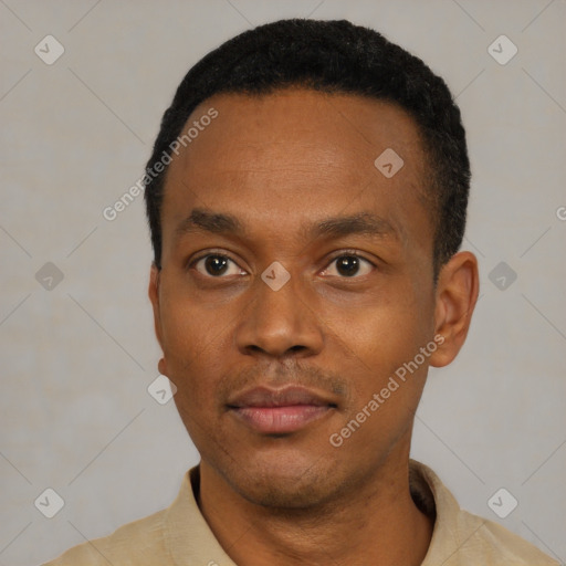 Neutral latino young-adult male with short  black hair and brown eyes