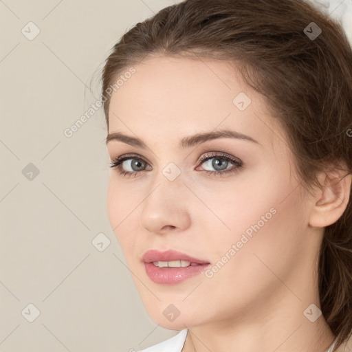 Neutral white young-adult female with medium  brown hair and brown eyes