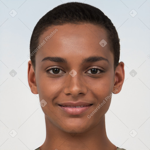 Joyful latino young-adult female with short  brown hair and brown eyes