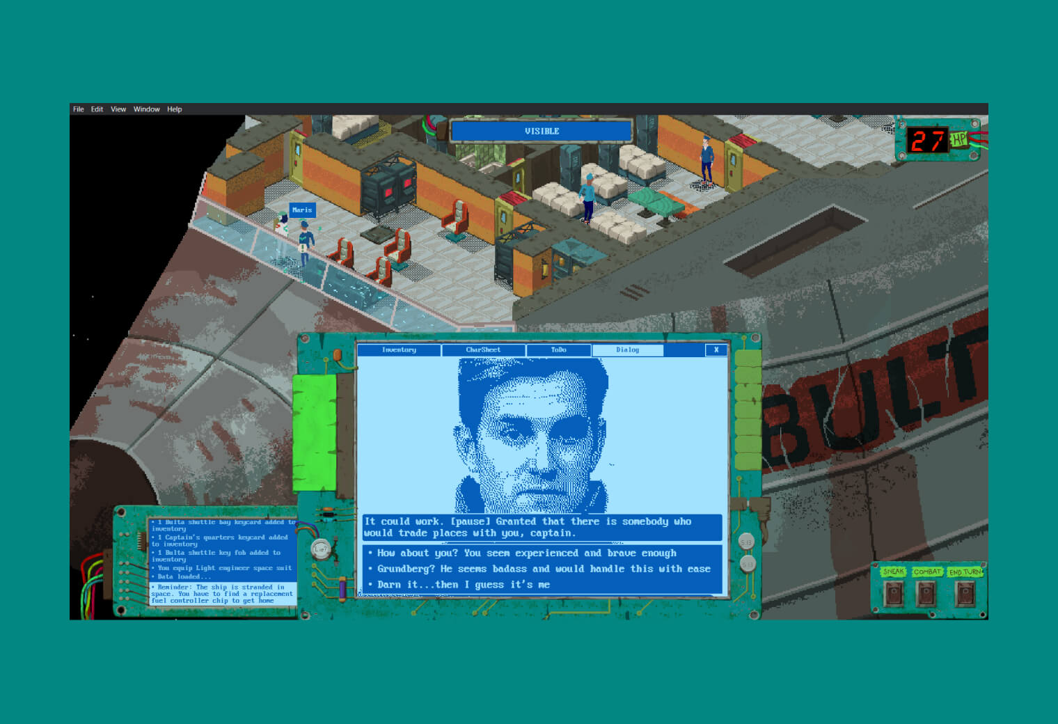 X-COM style game dialogue featuring AI-generated face from Generated Photos in Space Wreck RPG