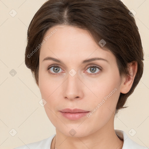 Neutral white young-adult female with medium  brown hair and brown eyes