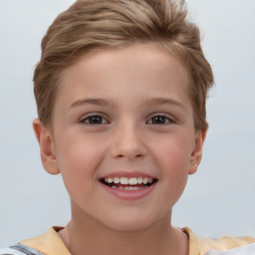 Joyful white child female with short  brown hair and brown eyes