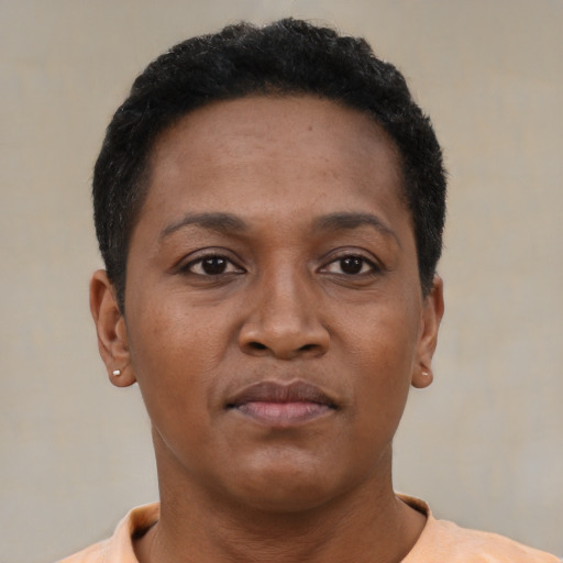 Neutral black young-adult female with short  brown hair and brown eyes