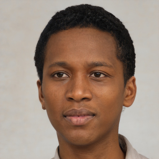 Neutral black young-adult male with short  black hair and brown eyes