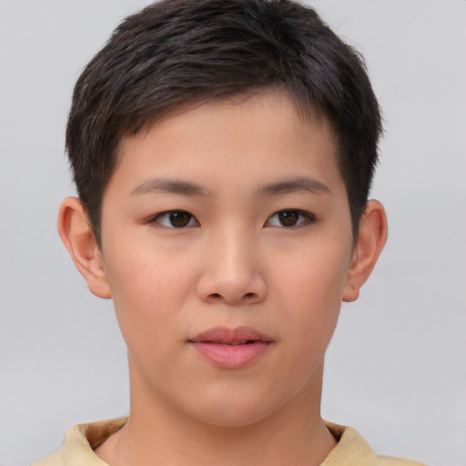 Neutral asian young-adult female with short  brown hair and brown eyes
