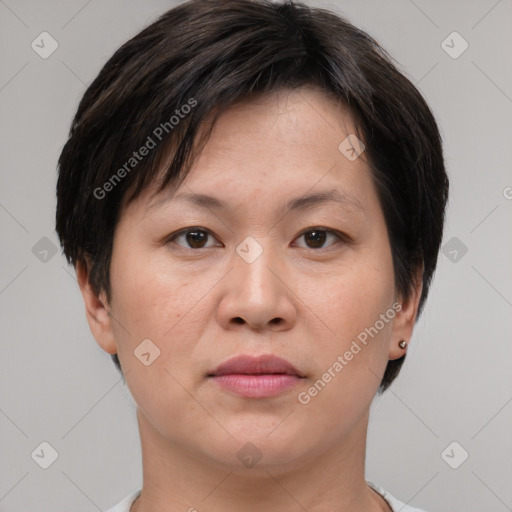 Joyful asian young-adult female with short  brown hair and brown eyes