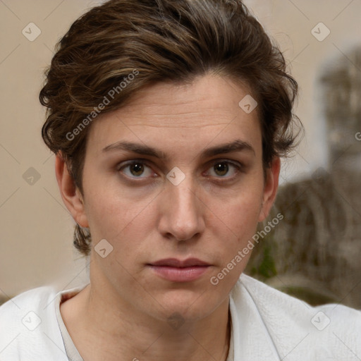 Neutral white young-adult female with short  brown hair and brown eyes