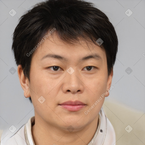 Neutral asian young-adult male with short  brown hair and brown eyes