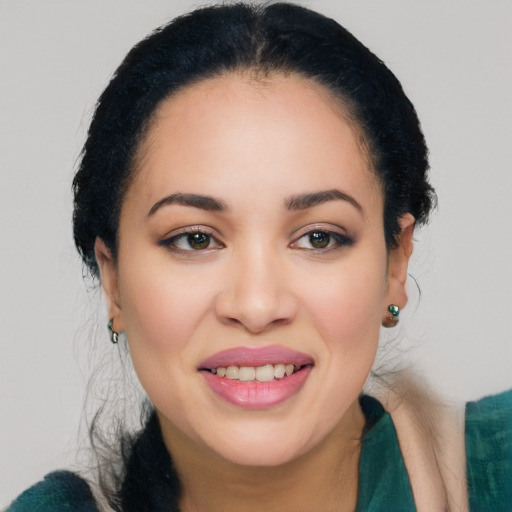 Joyful white young-adult female with medium  black hair and brown eyes