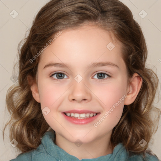 Joyful white child female with medium  brown hair and brown eyes