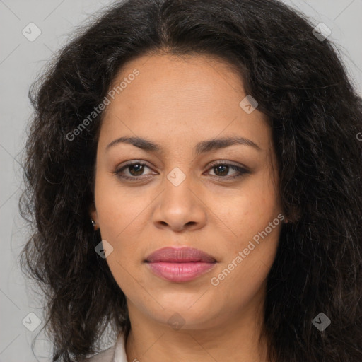 Joyful latino young-adult female with long  brown hair and brown eyes