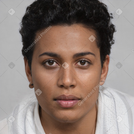 Neutral black young-adult female with short  brown hair and brown eyes