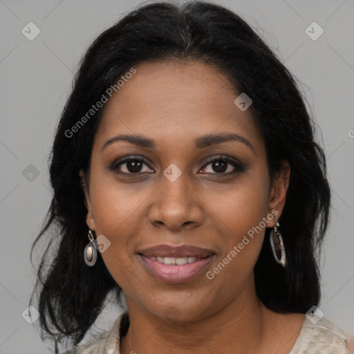 Joyful black young-adult female with medium  brown hair and brown eyes