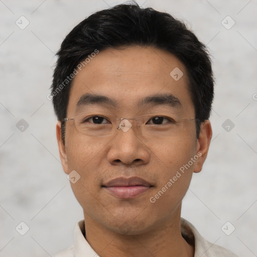 Joyful asian young-adult male with short  black hair and brown eyes