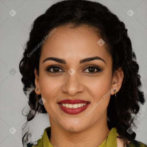 Joyful latino young-adult female with medium  brown hair and brown eyes