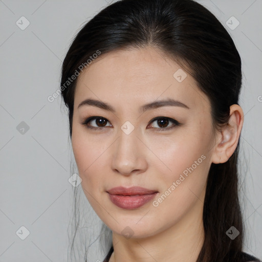 Joyful white young-adult female with long  brown hair and brown eyes