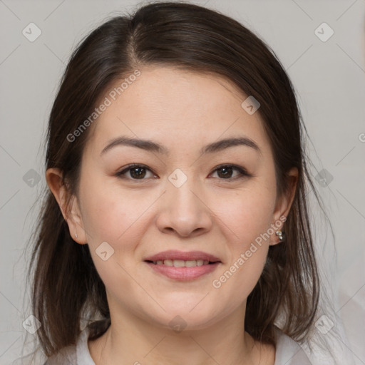 Joyful white young-adult female with medium  brown hair and brown eyes