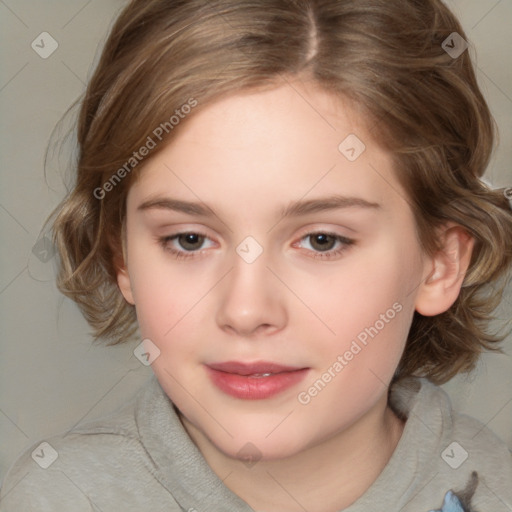 Joyful white child female with medium  brown hair and brown eyes