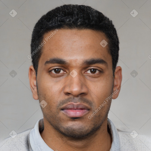 Neutral latino young-adult male with short  black hair and brown eyes