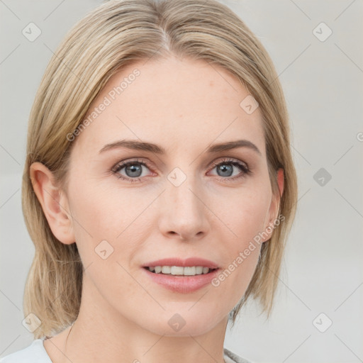 Joyful white young-adult female with medium  brown hair and blue eyes