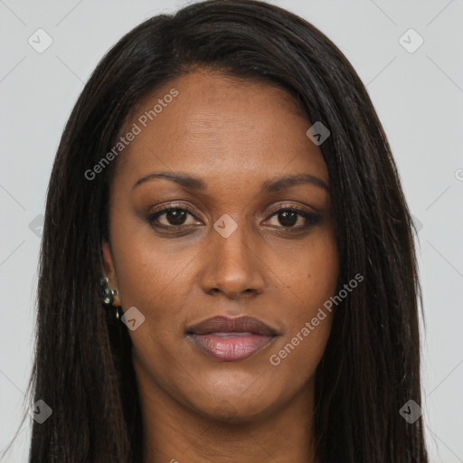 Joyful asian young-adult female with long  brown hair and brown eyes