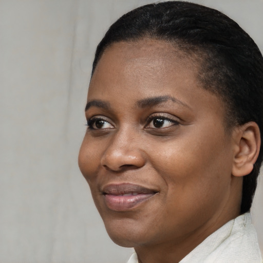 Joyful black young-adult female with short  black hair and brown eyes