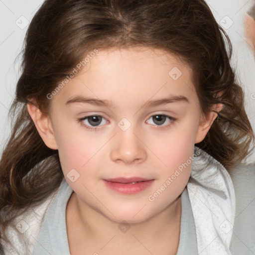 Joyful white child female with medium  brown hair and brown eyes