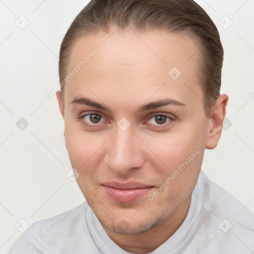 Joyful white young-adult female with short  brown hair and brown eyes