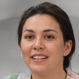 Joyful white adult female with medium  brown hair and brown eyes