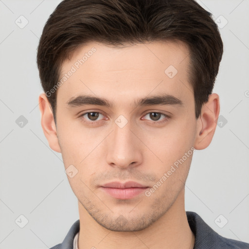 Neutral white young-adult male with short  brown hair and brown eyes