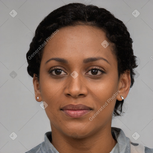 Joyful latino young-adult female with short  black hair and brown eyes