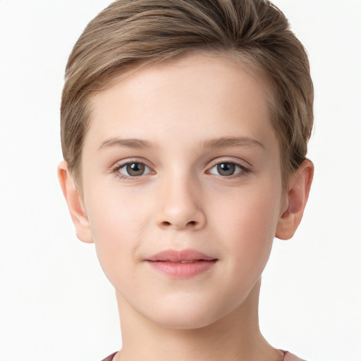 Joyful white child female with short  brown hair and grey eyes