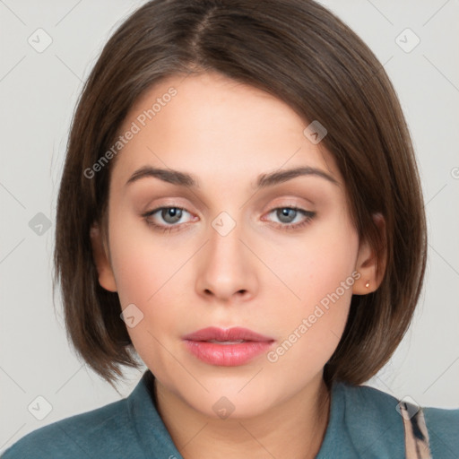 Neutral white young-adult female with medium  brown hair and brown eyes