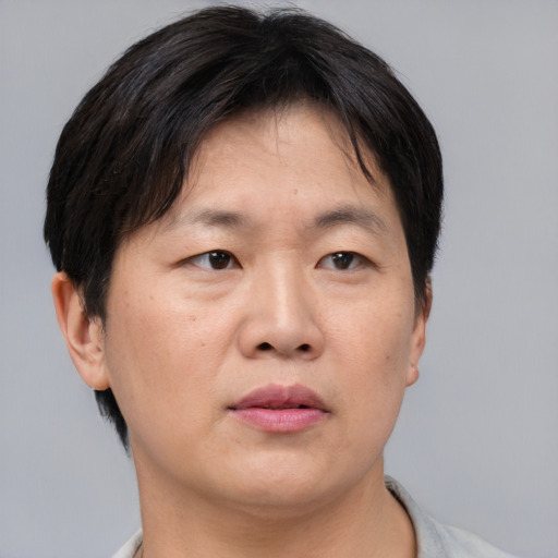 Neutral asian adult male with short  brown hair and brown eyes